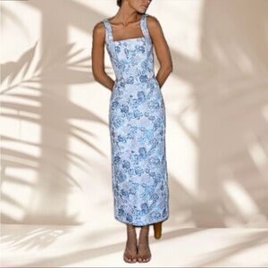 CO-ORD SET Corset Top & Midi Skirt - Bordeaux (Floral Sky Blue)